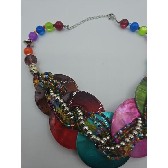 Chunky Disc Circle Hoop Shell Necklace Bib Twist Bead Circle Mother of Pearl 16" - Picture 2 of 10